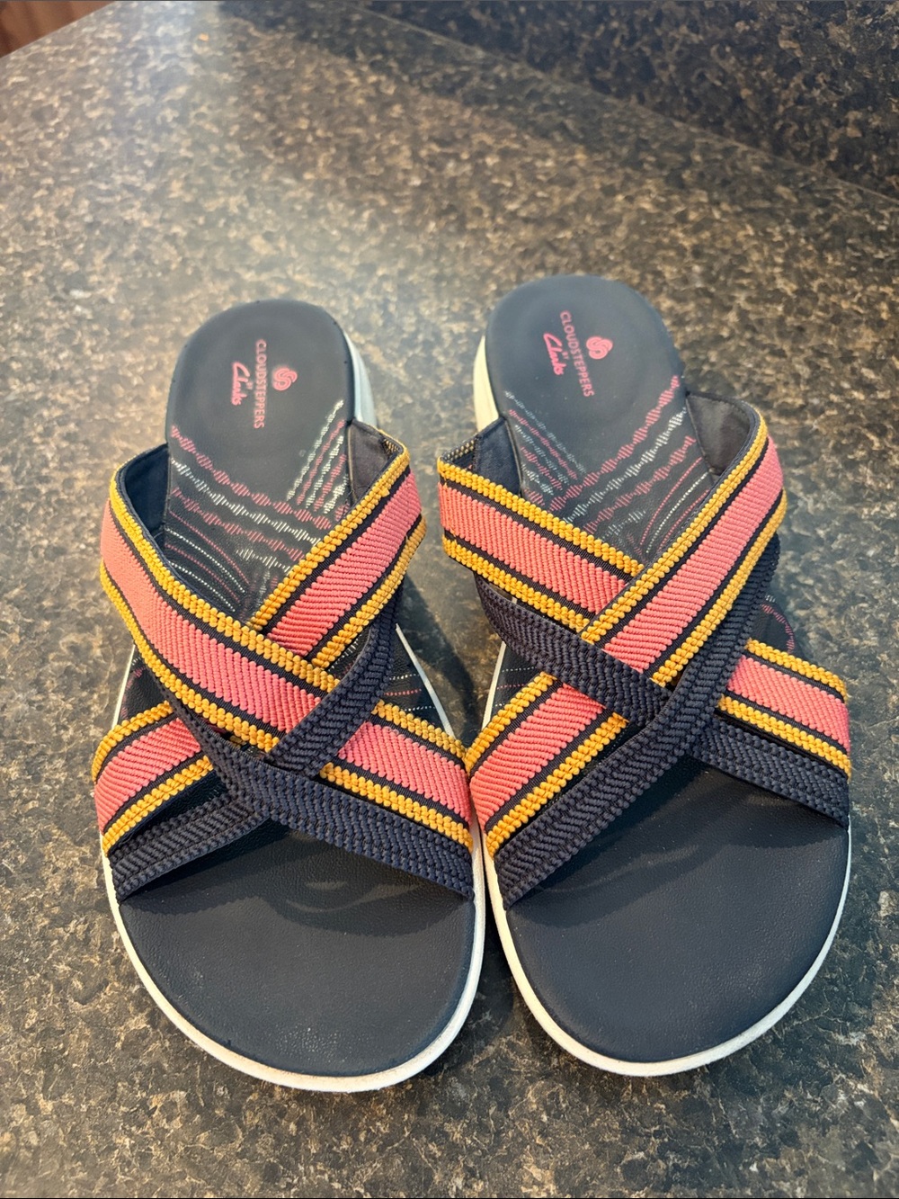 Clarks Cloud Steppers Navy Slide Sandals with Coral and Yellow Straps